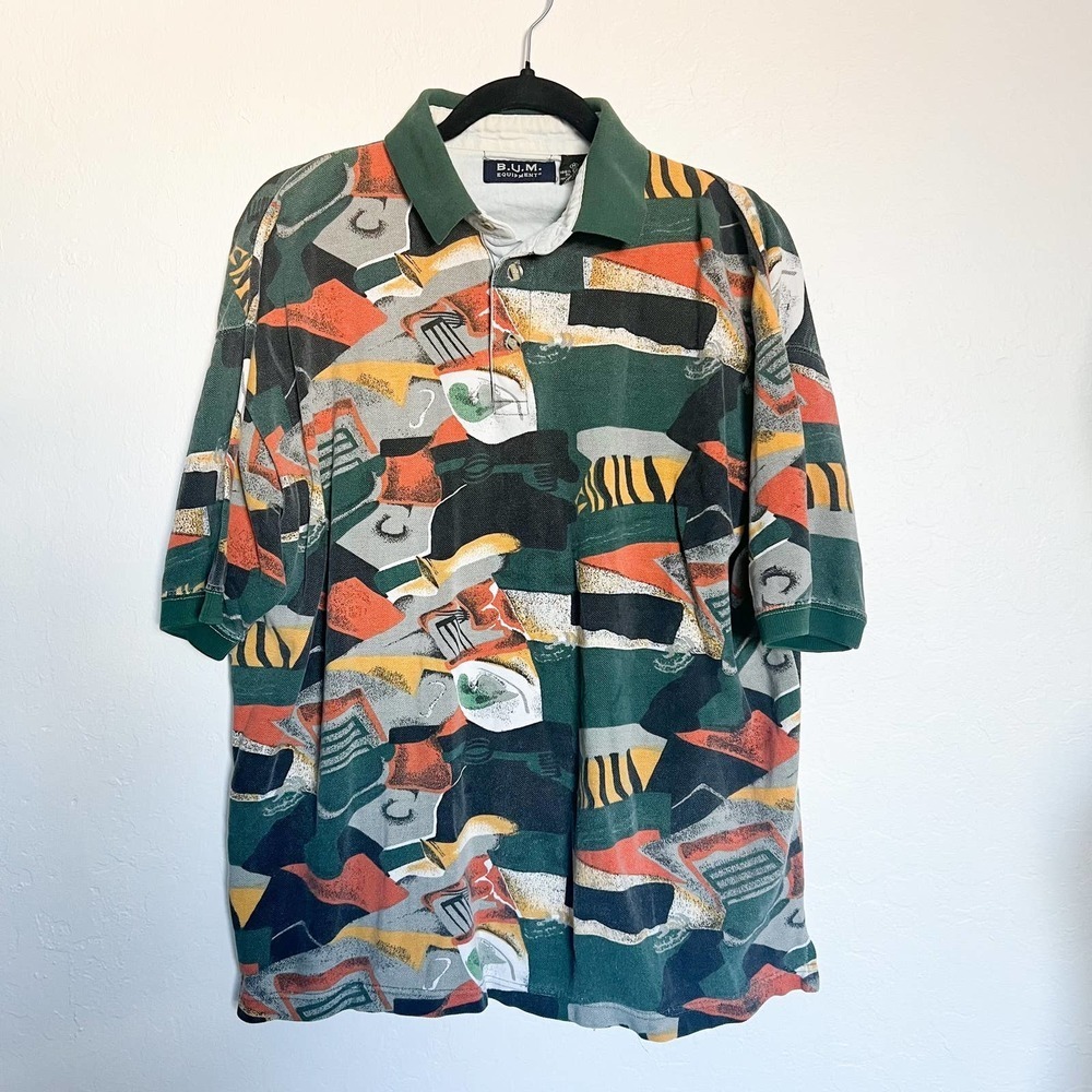 Vintage B.U.M. Equipment Abstract Polo Shirt 90's Cotton Medium - Picture 1 of 3